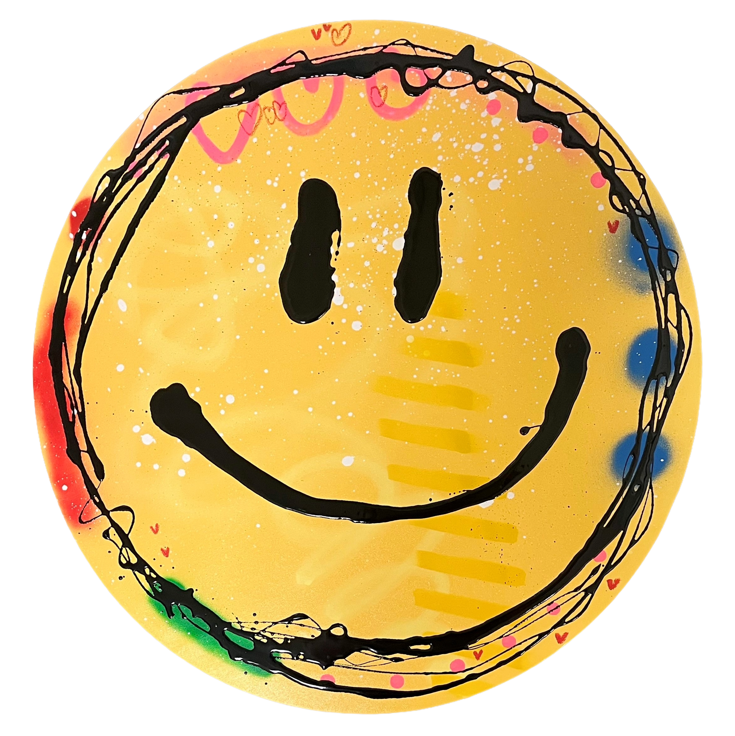 Circular yellow canvas with hand painted smiley face