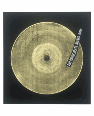 This image features an Rap, Rhyme, Beats, Rap, Amen by Matt Tilbury. The image is a copper record on black with the title over it.