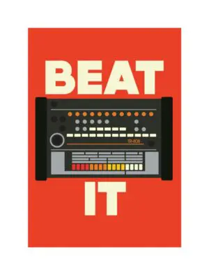 This image shows artwork Beat It by Jeremy Harnell. The image depicts a red background with ''BEAT IT' in large white text. Between the two words is a Roland TR-808 rhythm composer. The art style is simple graphic art.