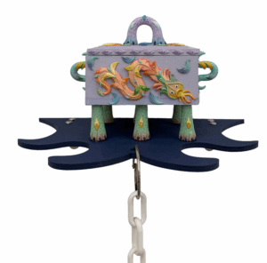 Colourful bottle by artist Hannah Lim decorated with a dragon on a lilac background