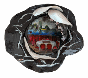 Chinoiserie decorative plate with abstract design by Hoa Dung Clerget