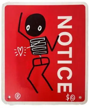 original artwork on red reclaimed street sign by Skeleton Cardboard