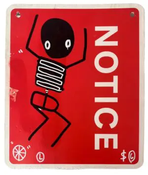 original artwork with a skeleton on a red reclaimed street sign