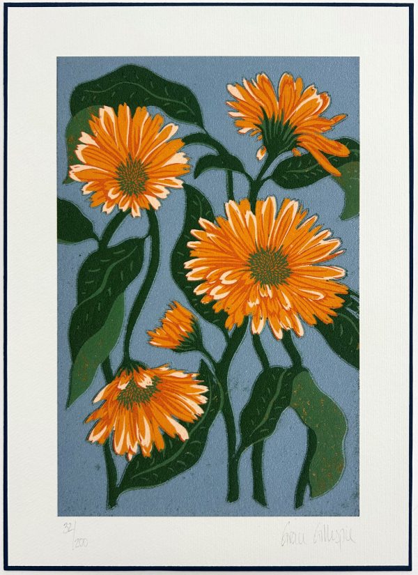 Marigolds on Blue by Grace Gillespie