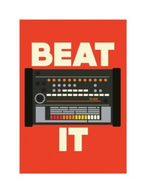 This image shows artwork Beat It by Jeremy Harnell. The image depicts a red background with ''BEAT IT' in large white text. Between the two words is a Roland TR-808 rhythm composer. The art style is simple graphic art.