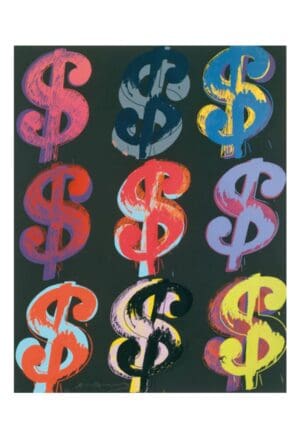 This image is a print by Andy Warhol. and there are 9 $ signs in different colours on a black background.