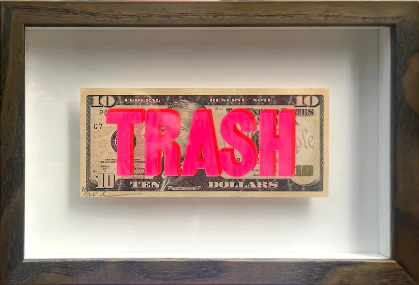 framed 10 dollar bill with neon coloring